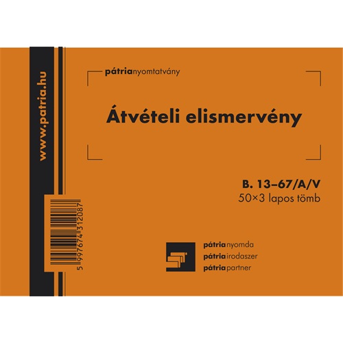 B.13-67/A/V A6 50x3lap fekvő &Aacute;tv&eacute;teli elismerv&eacute;ny nyomtatv&aacute;ny