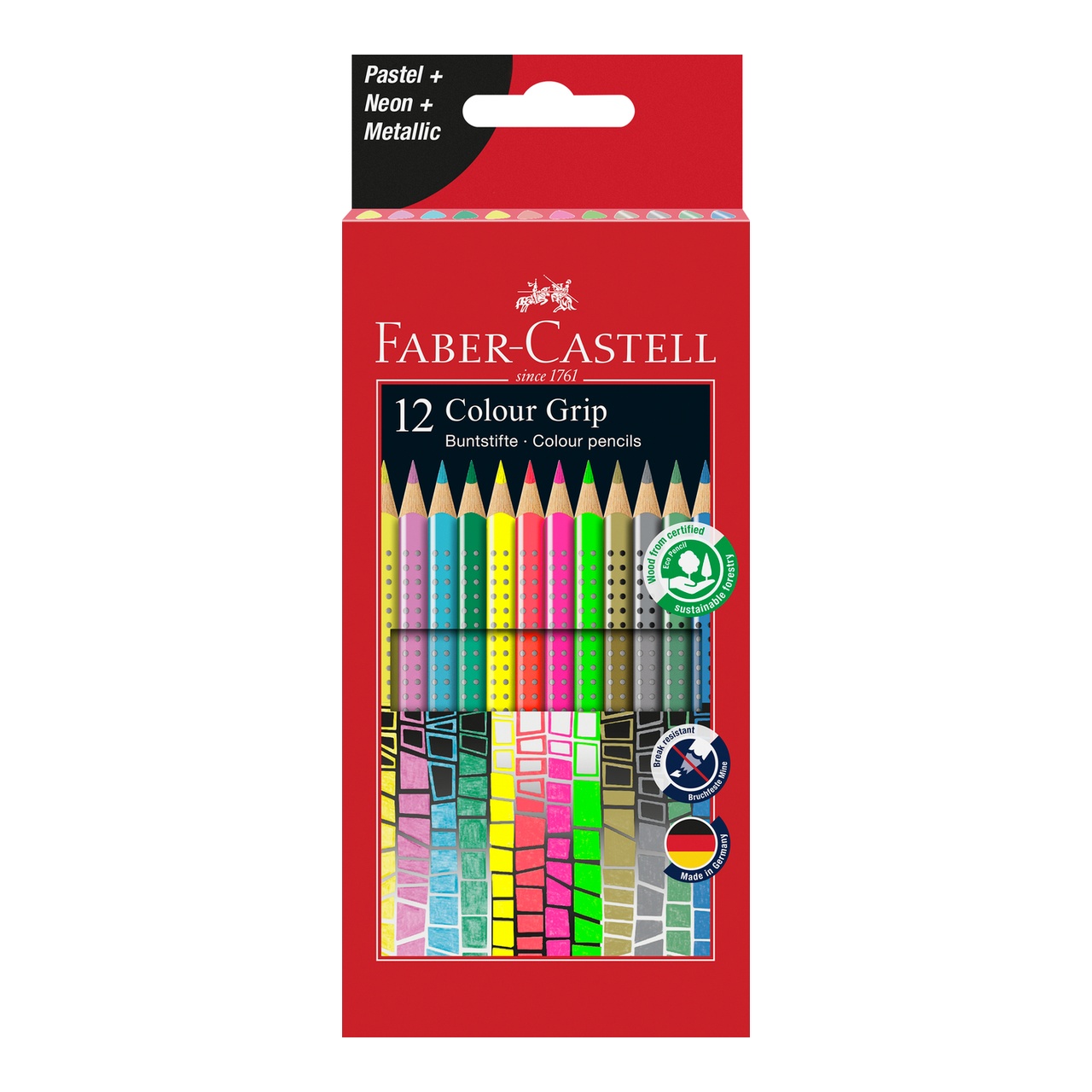 Faber-Castell Colour Grip 12 db neon/pasztell/met&aacute;l sz&iacute;nesceruza k&eacute;szlet